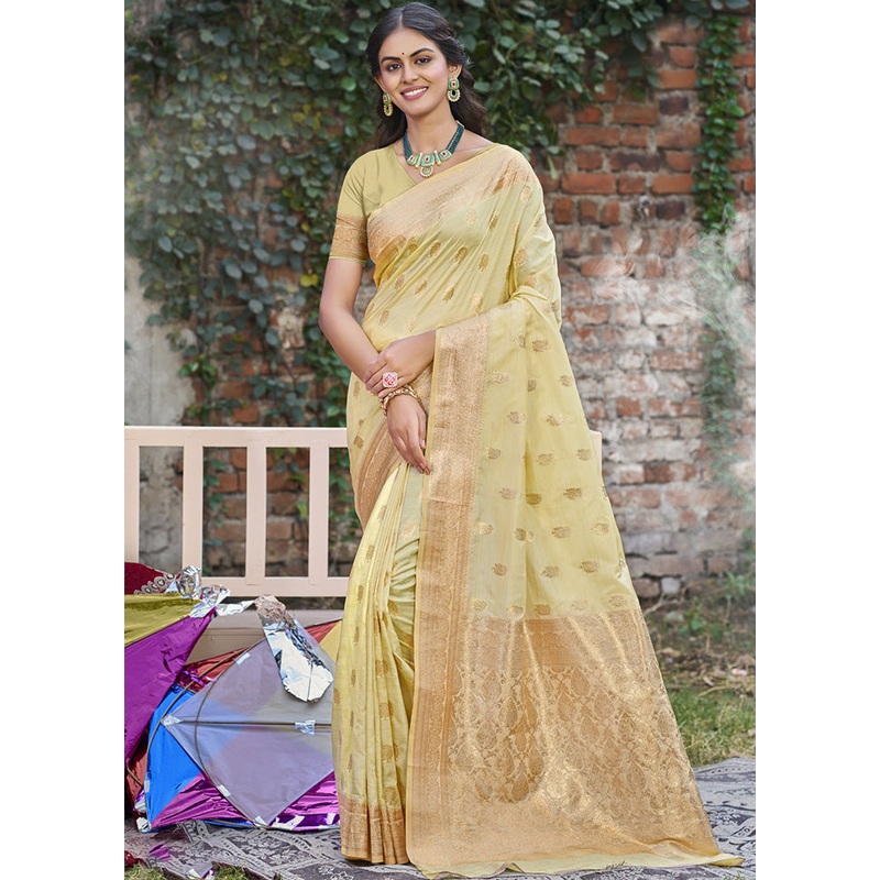 Light Yellow Spun Silk Saree With Blouse Piece - JD986599169