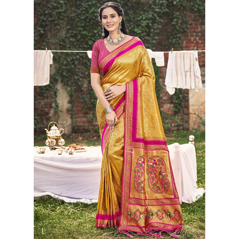 Mustard Spun Silk Saree With Blouse Piece - JD986599163