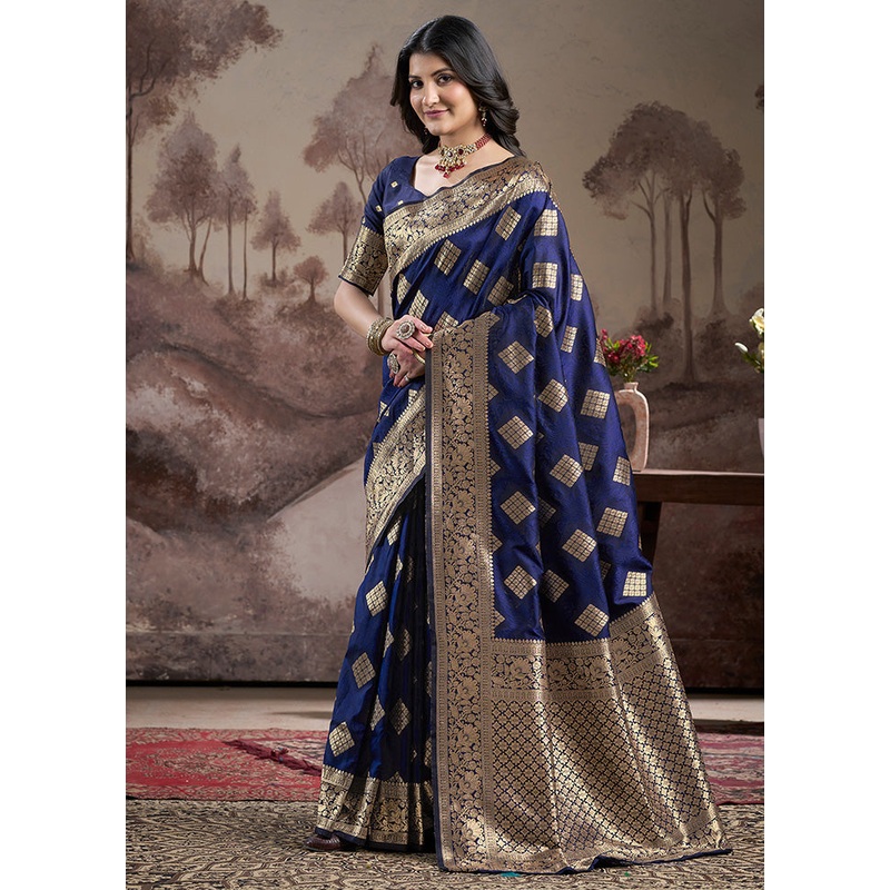 Navy Blue Spun Silk Saree With Blouse Piece - JD986599103