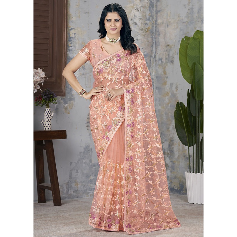 Orange Net Net Saree With Blouse Piece - JD986599101