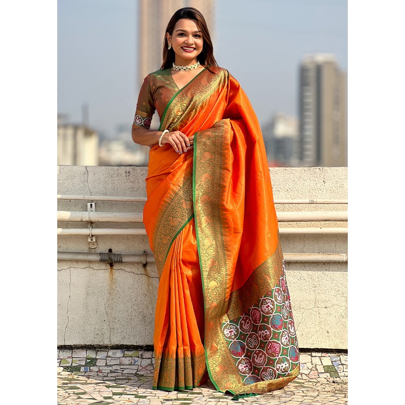 Orange Spun Silk Saree With Blouse Piece - JD986599042