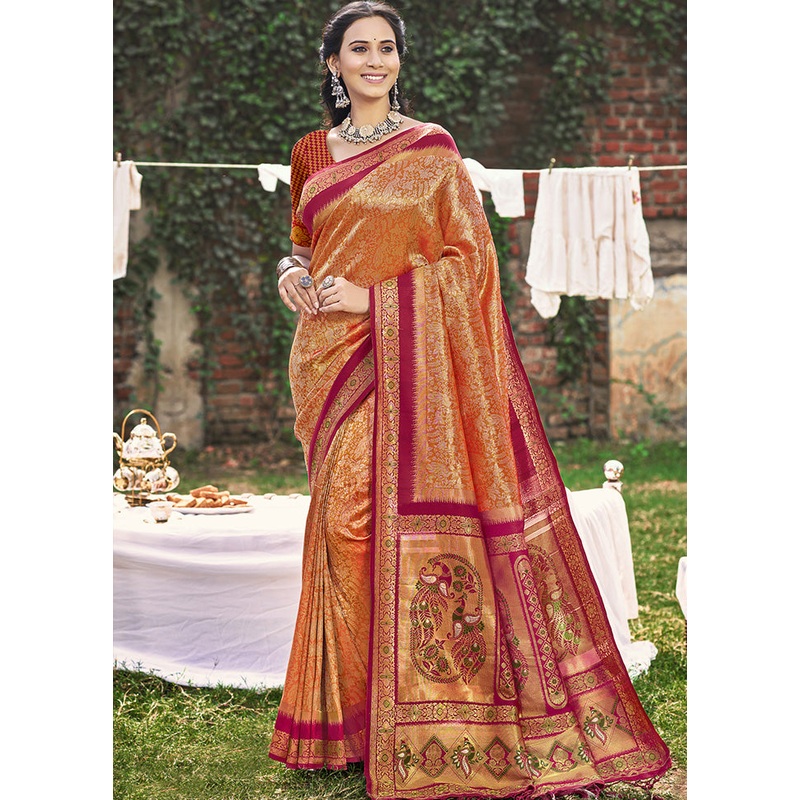 Orange Spun Silk Saree With Blouse Piece - JD986599160