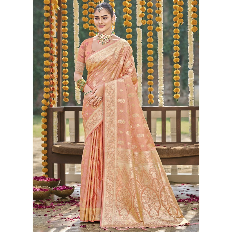 Peach Satin Silk Saree With Blouse Piece - JD986599159