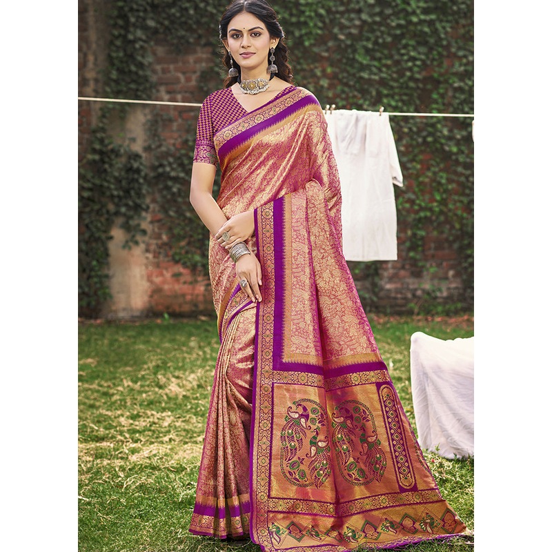 Peach Spun Silk Saree With Blouse Piece - JD986599152