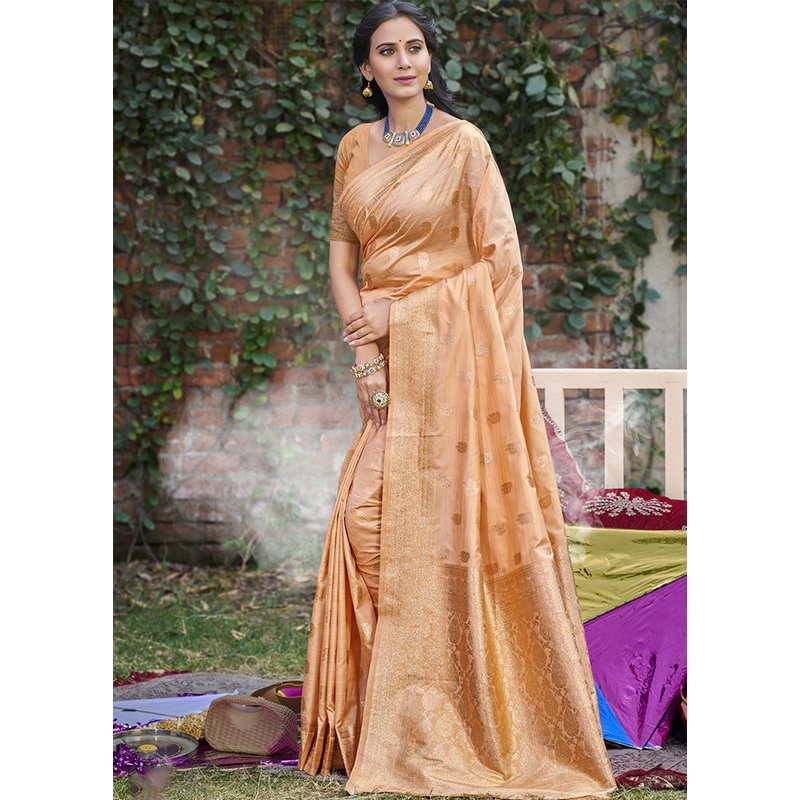 Peach Spun Silk Saree With Blouse Piece - JD986599153