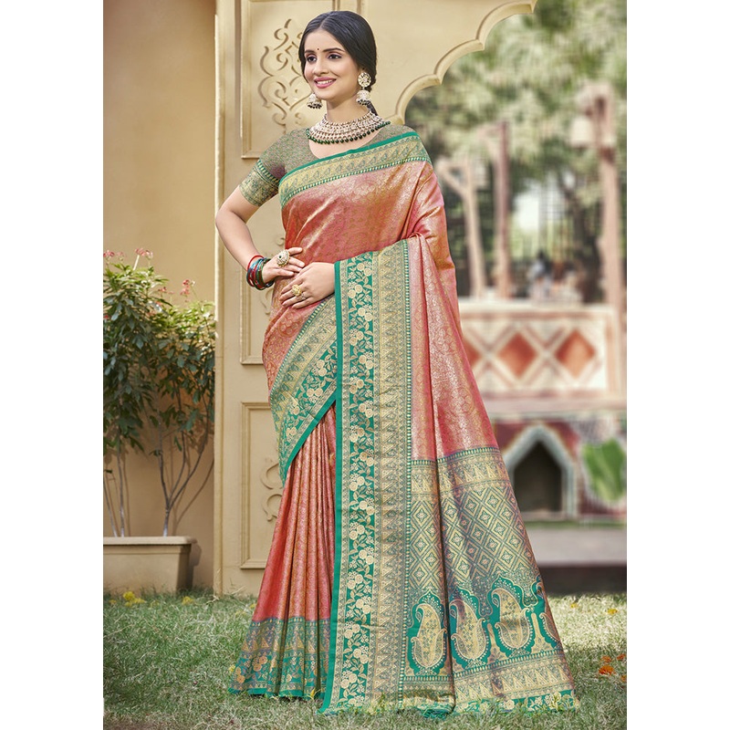 Peach Spun Silk Saree With Blouse Piece - JD986599156