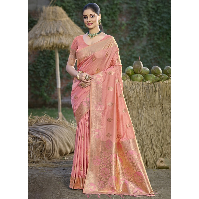 Peach Spun Silk Saree With Blouse Piece - JD986599157