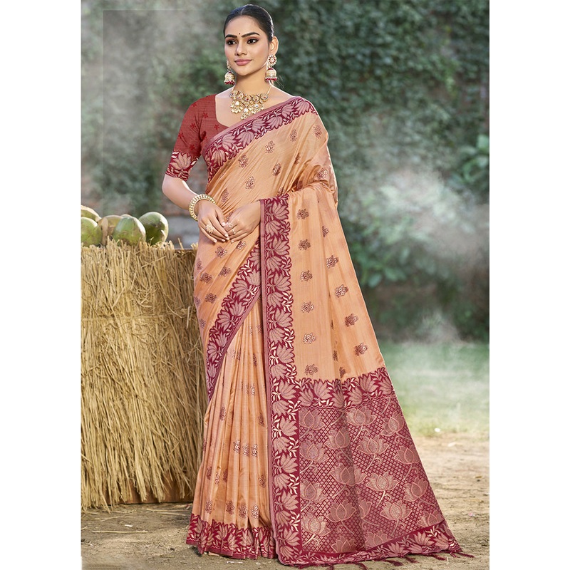 Peach Spun Silk Saree With Blouse Piece - JD986599158