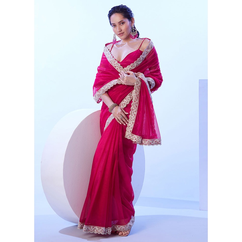 Pink Net Net Saree With Blouse Piece - JD986599040