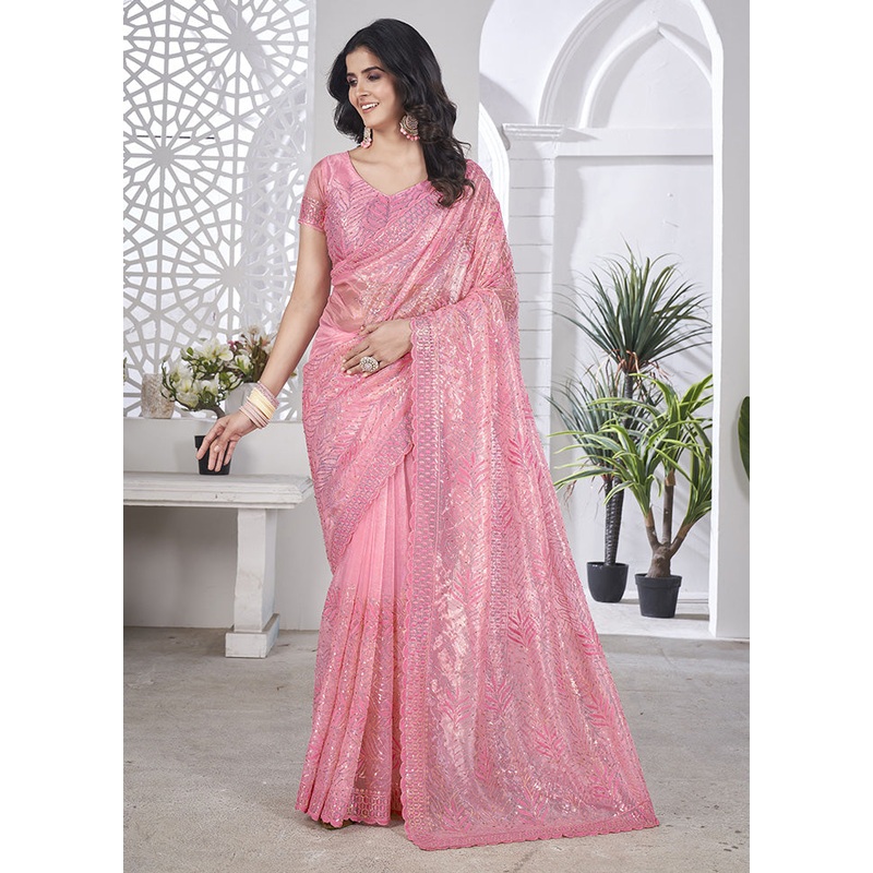 Pink Net Net Saree With Blouse Piece - JD986599099