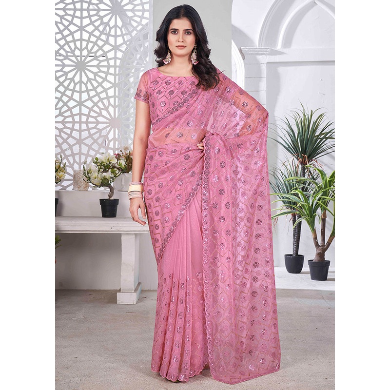 Pink Net Net Saree With Blouse Piece - JD986599100