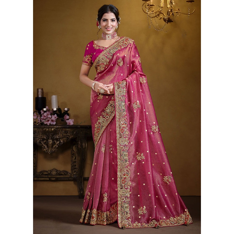 Pink Organza Saree With Blouse Piece - JD986599039