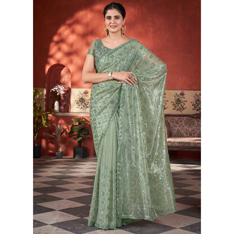 Pista Green Net Net Saree With Blouse Piece - JD986599093