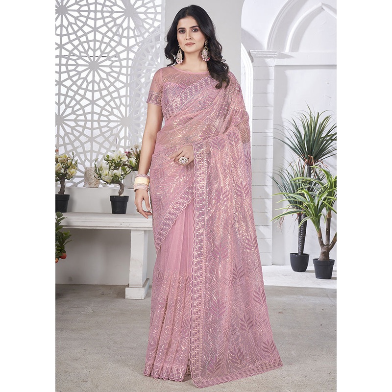 Purple Net Net Saree With Blouse Piece - JD986599091