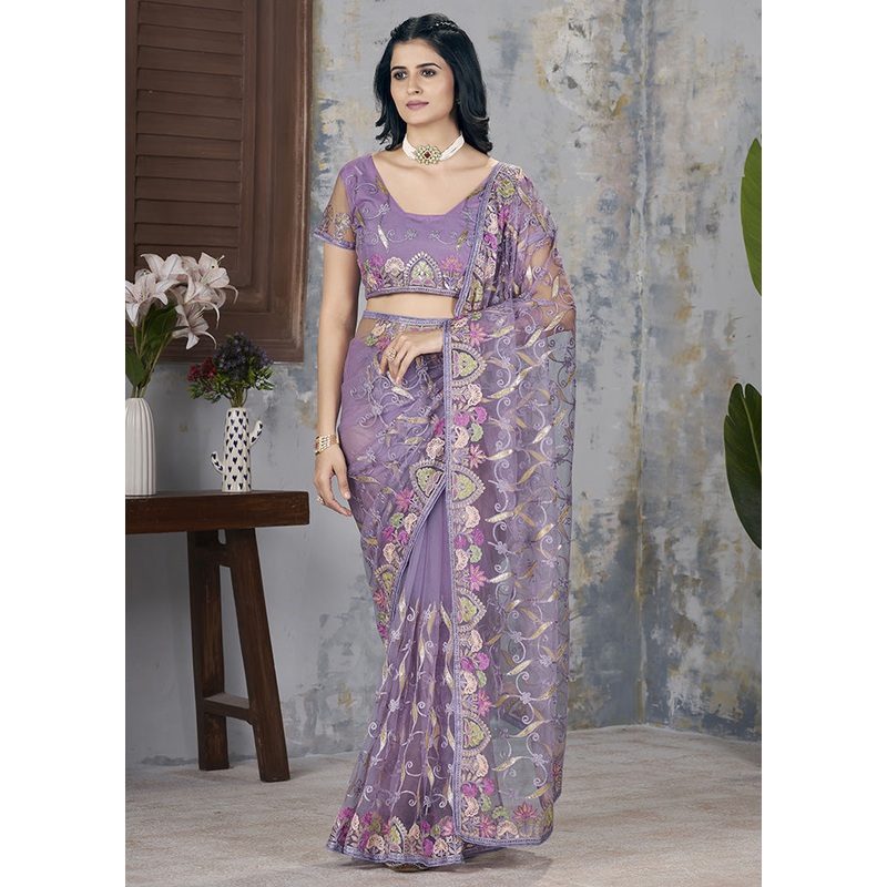 Purple Net Net Saree With Blouse Piece - JD986599092