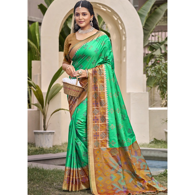 Rama Green Spun Silk Saree With Blouse Piece - JD986599136
