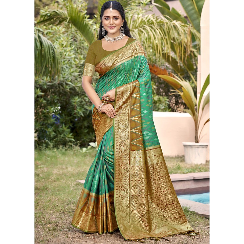 Rama Green Spun Silk Saree With Blouse Piece - JD986599137