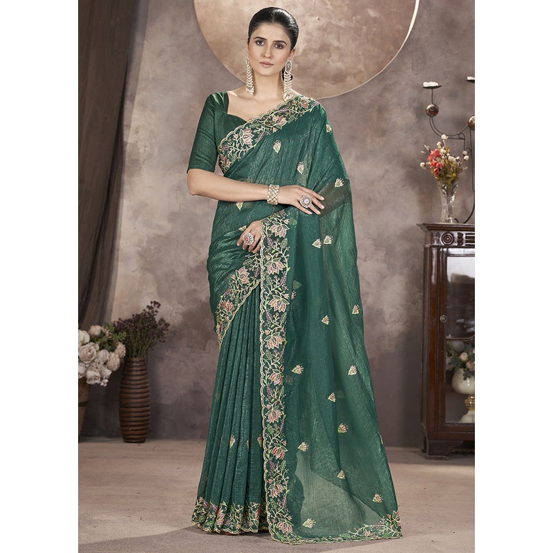 Rama Spun Silk Saree With Blouse Piece - JD986599085