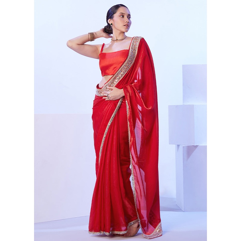 Red Satin Silk Saree With Blouse Piece - JD986599031