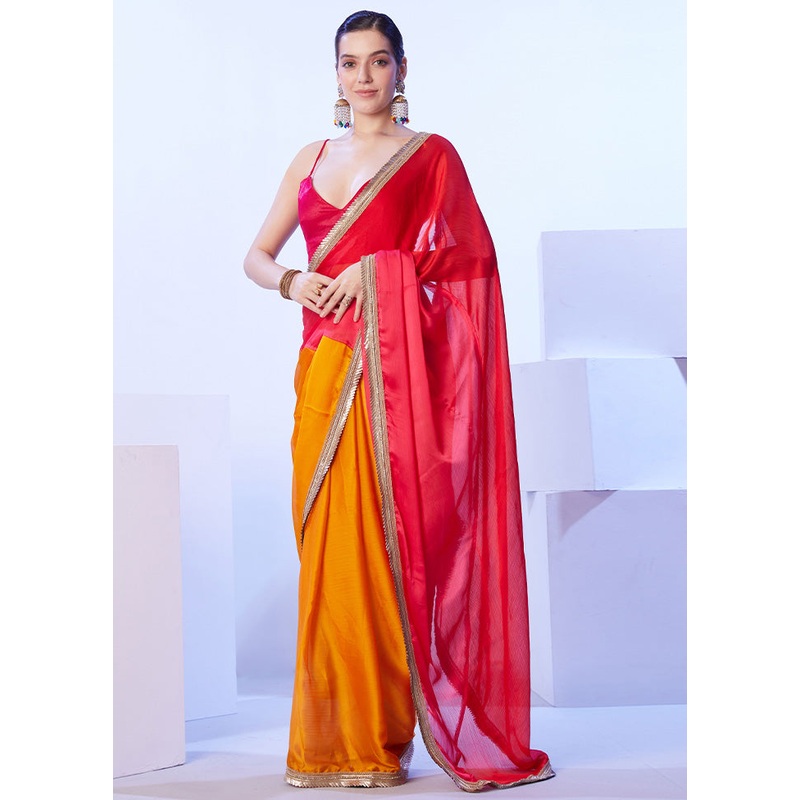 Red Satin Silk Saree With Blouse Piece - JD986599032