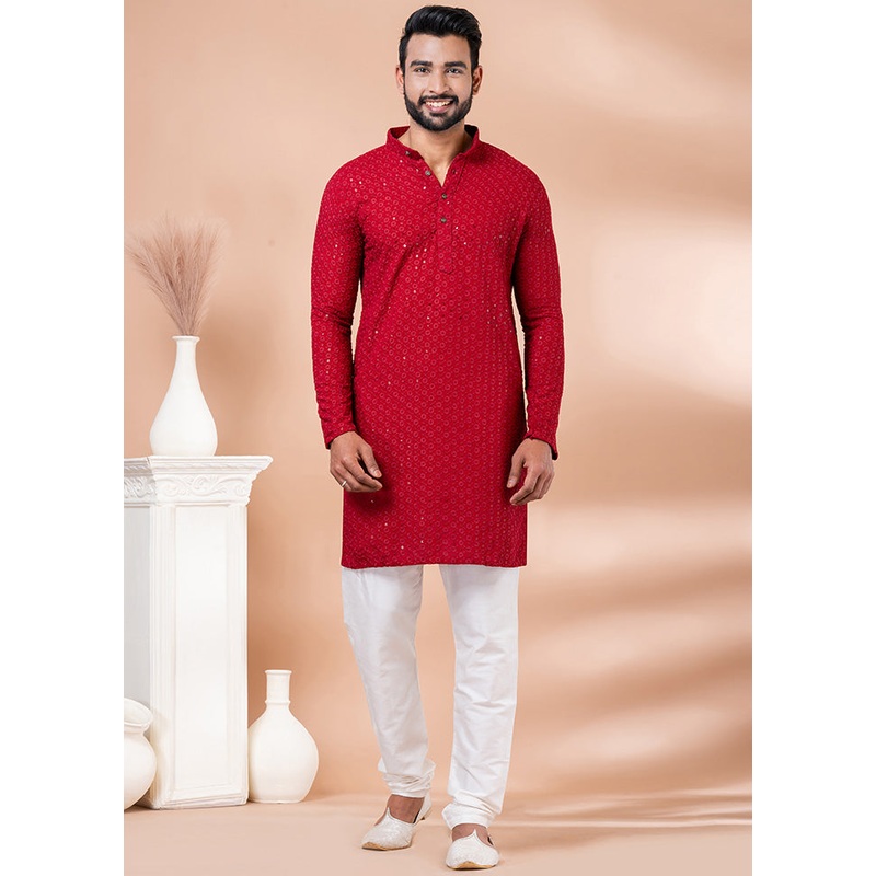 Red Silk Kurta And Pajama Set - JD986599201
