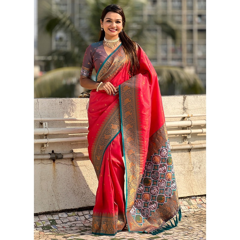 Red Spun Silk Saree With Blouse Piece - JD986599030