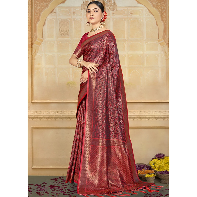 Red Spun Silk Saree With Blouse Piece - JD986599133