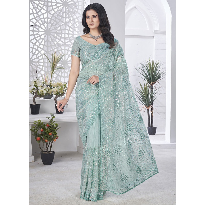 Sea Green Net Net Saree With Blouse Piece - JD986599078