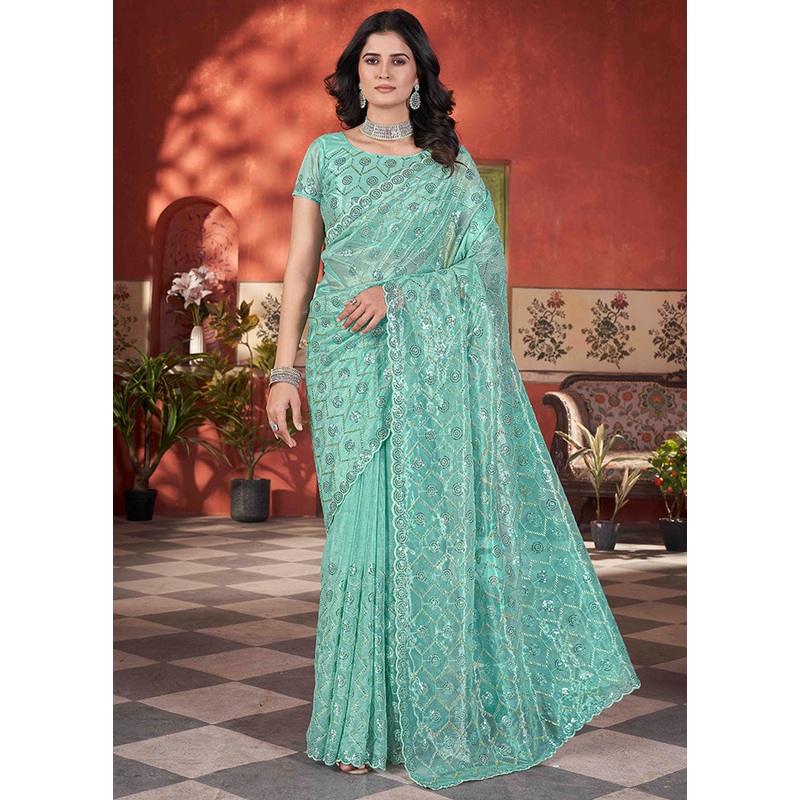 Sea Green Net Net Saree With Blouse Piece - JD986599079