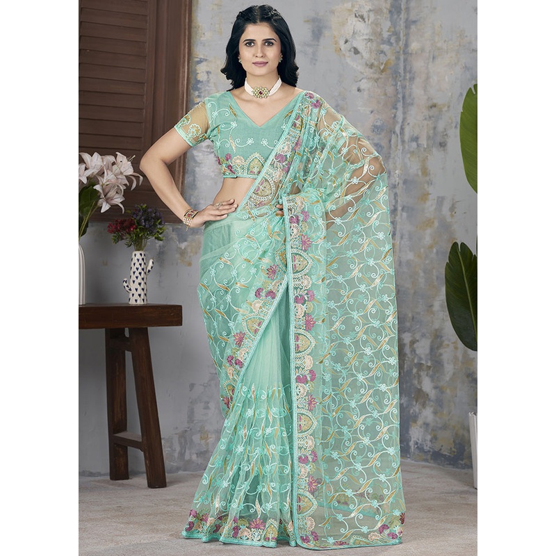Sea Green Net Net Saree With Blouse Piece - JD986599080