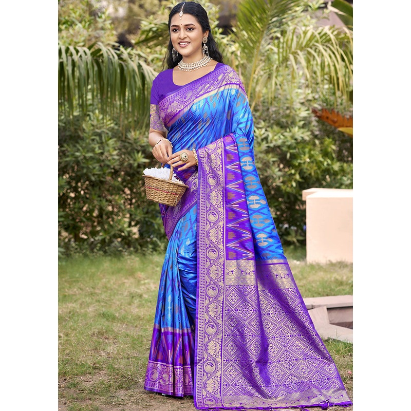 Sky Blue Spun Silk Saree With Blouse Piece - JD986599126