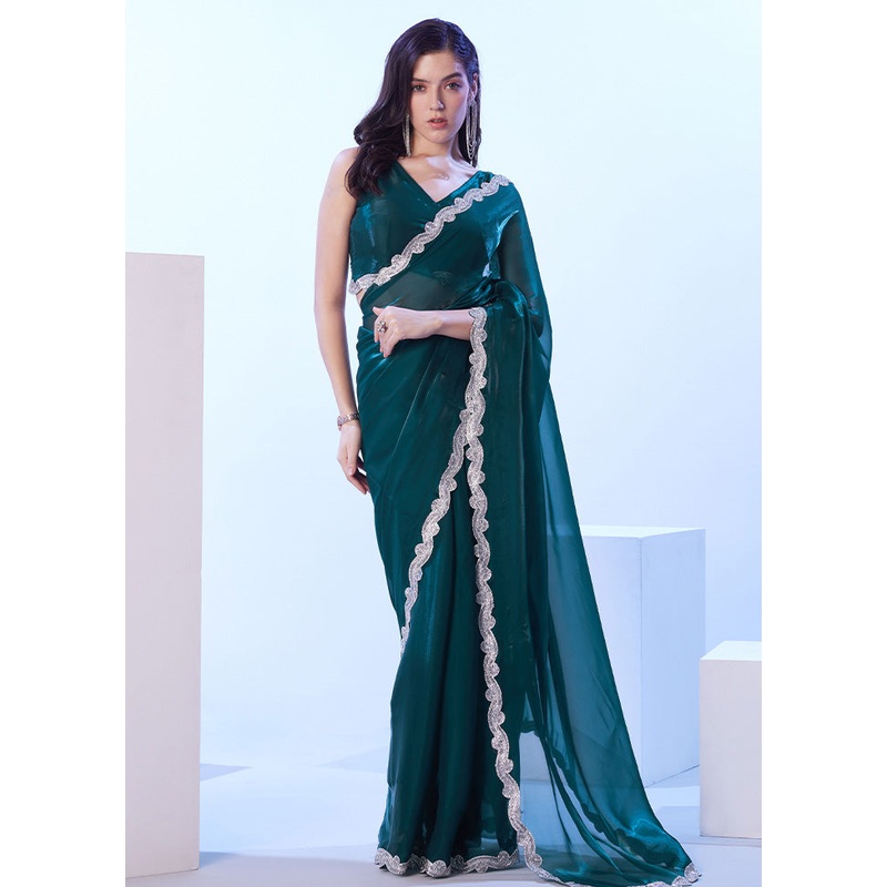 Teal Blue Satin Silk Saree With Blouse Piece - JD986599026