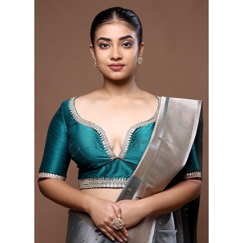 Teal Green Dupion Silk Designer Blouse - JD986599207