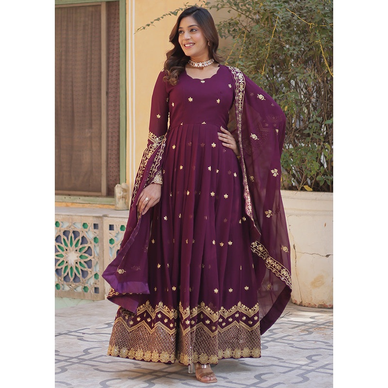 Wine Readymade Georgette Dupatta Indian Dress - JD986599059