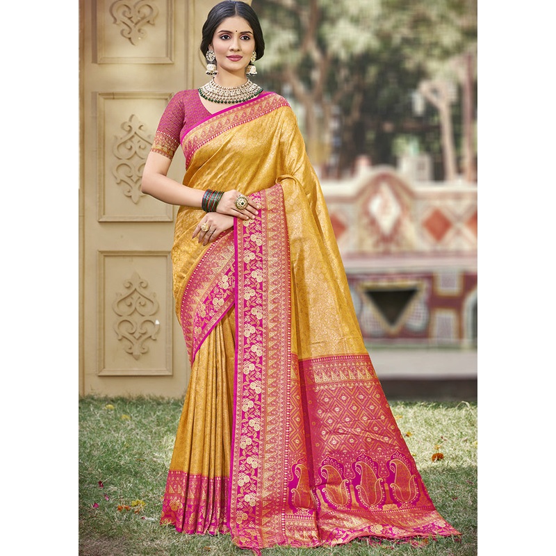 Yellow Spun Silk Saree With Blouse Piece - JD986599121