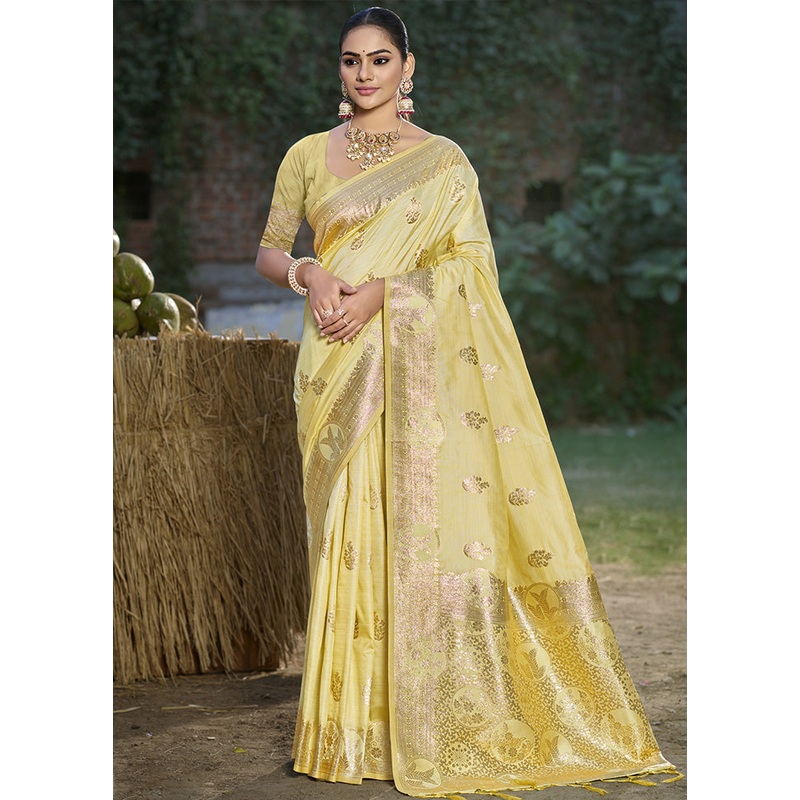 Yellow Spun Silk Saree With Blouse Piece - JD986599122