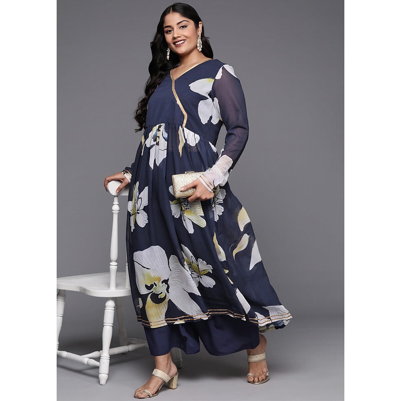 2 Pc Blue Readymade Georgette Kurti Set - JD986598860