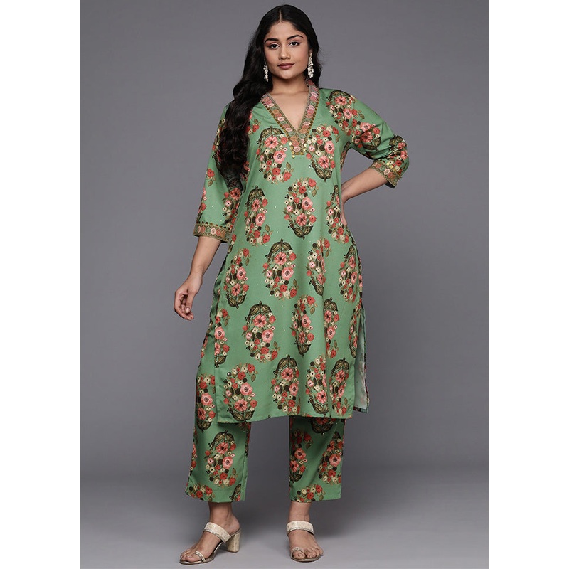 2 Pc Green Readymade Silk Kurti Set - JD986598854