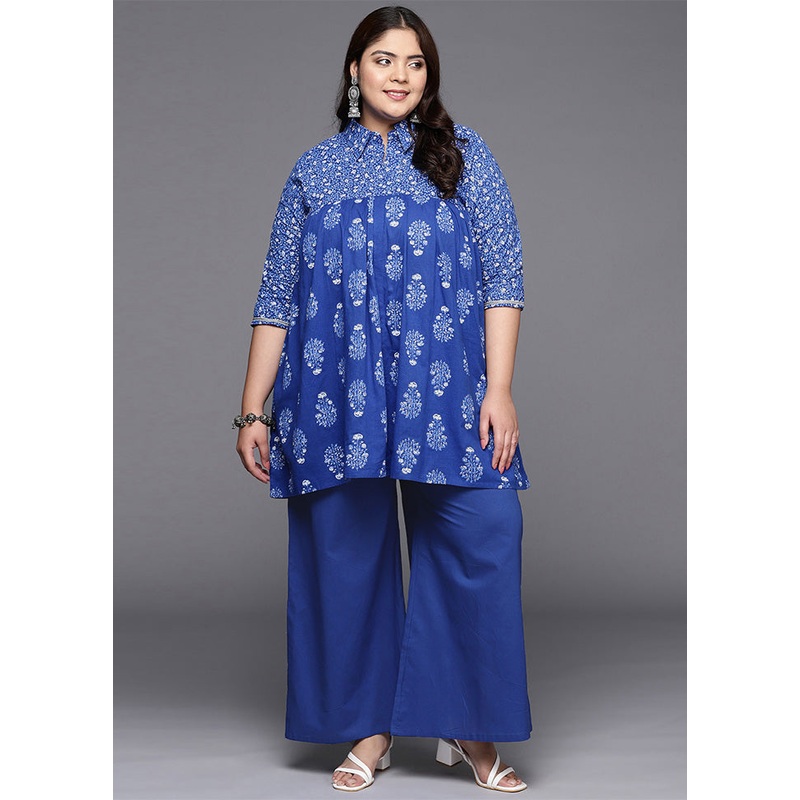 2 Pc Indigo Blue Pure Readymade Cotton Kurti Set - JD986598847