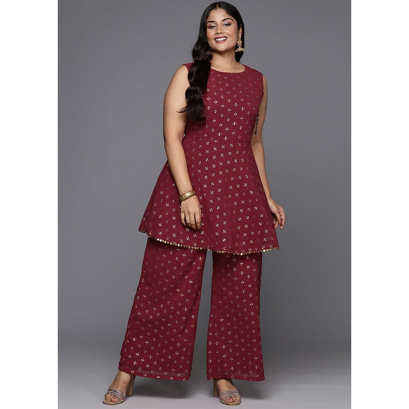 2 Pc Maroon Readymade Georgette Kurti Set - JD986598846