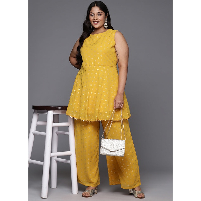 2 Pc Mustard Readymade Georgette Kurti Set - JD986598844