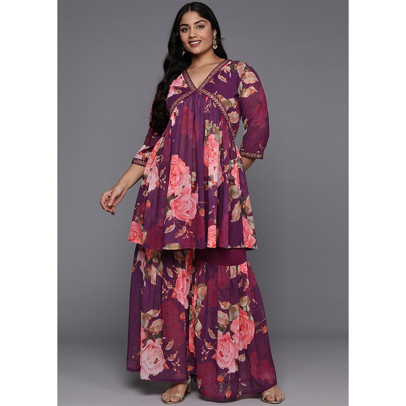 2 Pc Purple Readymade Georgette Kurti Set - JD986598837
