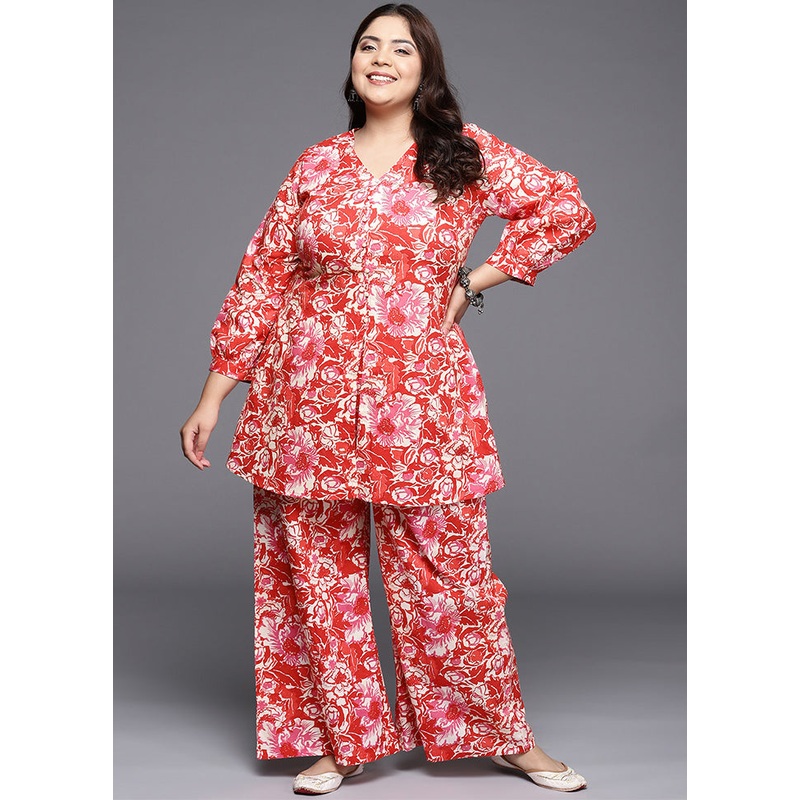 2 Pc Red Pure Readymade Cotton Kurti Set - JD986598833