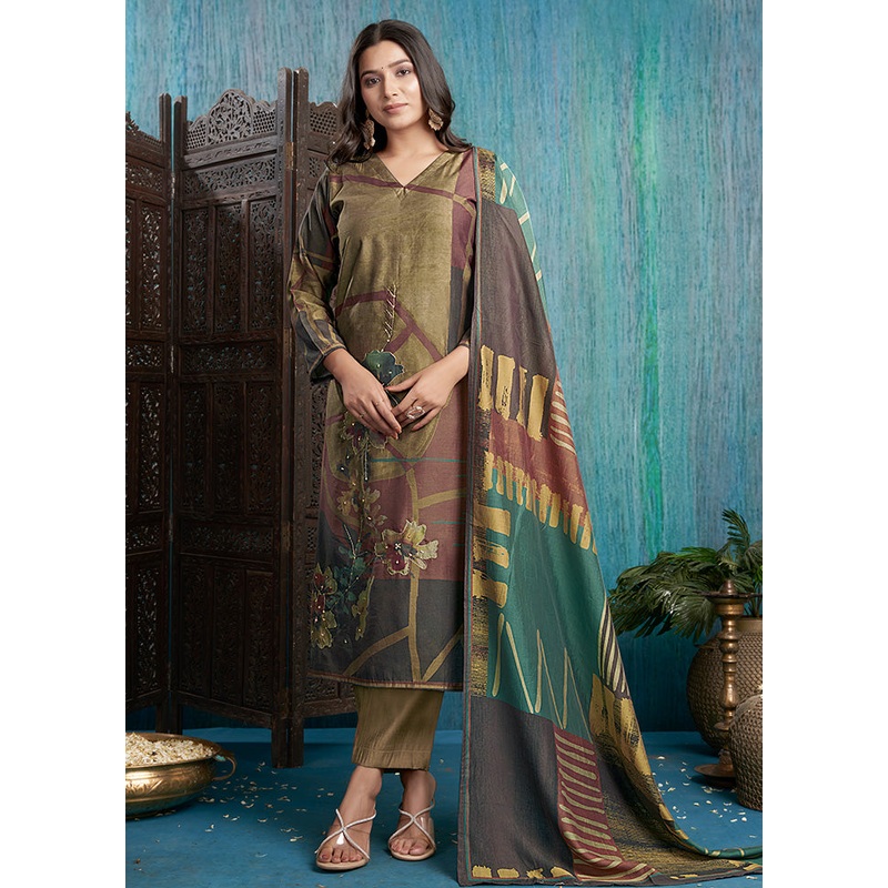 3 Pc Beige Readymade Viscose Dupatta Suit Set - JD986599019