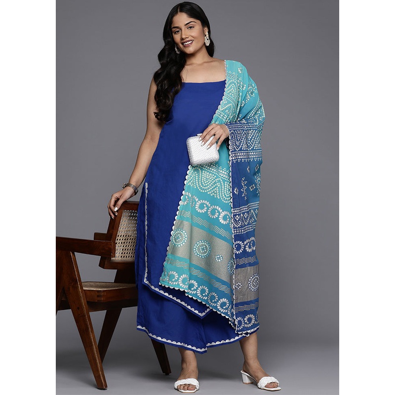 3 Pc Blue Pure Readymade Cotton Dupatta Suit Set - JD986598831