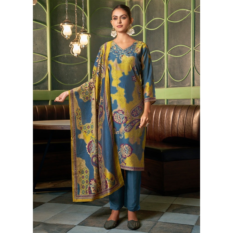 3 Pc Blue Readymade Viscose Dupatta Suit Set - JD986599018
