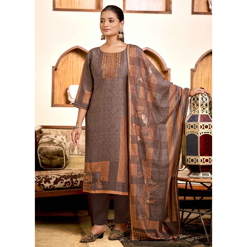 3 Pc Brown Readymade Viscose Dupatta Suit Set - JD986599017