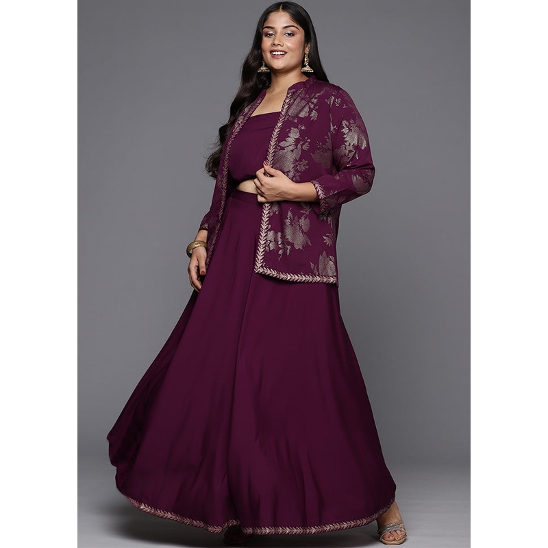 3 Pc Burgundy Readymade Silk Jacket Suit Set - JD986598829