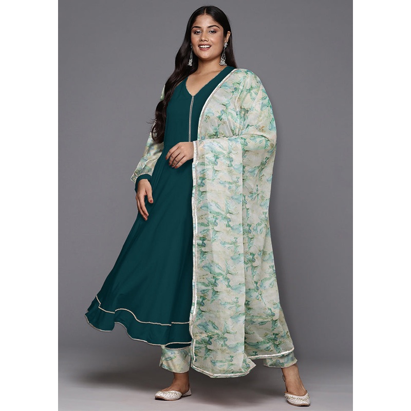 3 Pc Green Readymade Silk Dupatta Suit Set - JD986598828