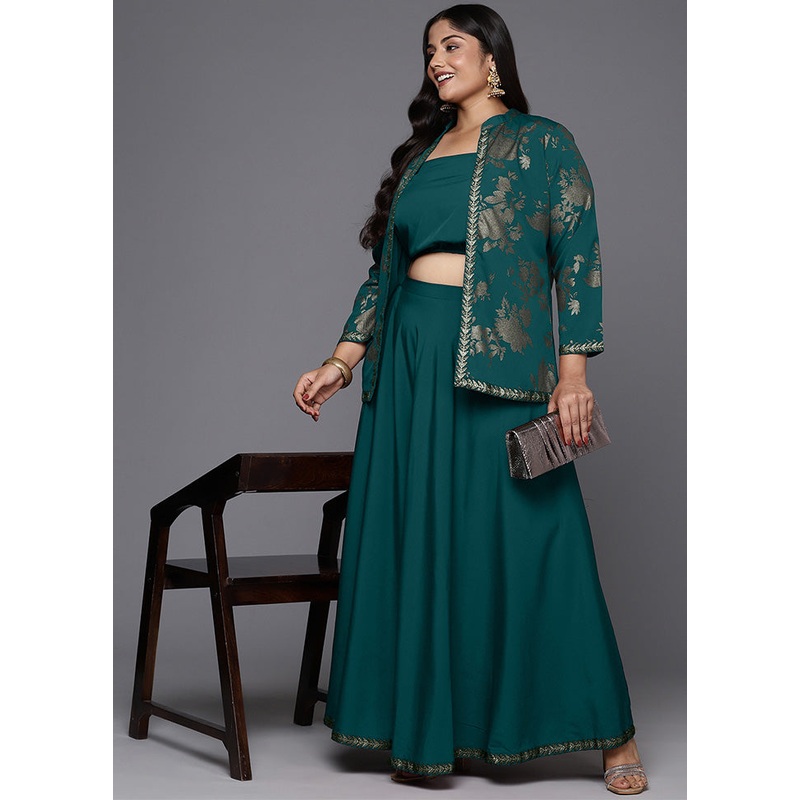 3 Pc Green Readymade Silk Jacket Suit Set - JD986598827